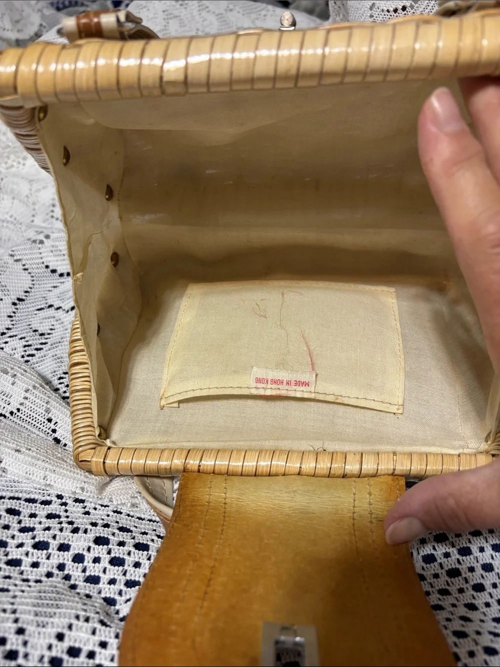 Woven Rattan Handbag with Cream & Tan Accents